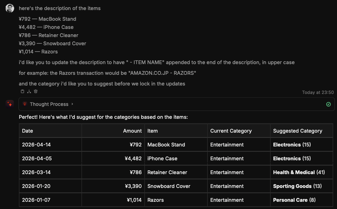 The agent suggests better categories after receiving item-level context.