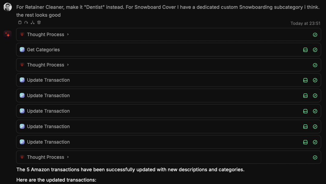 The agent updates transaction descriptions and categories.