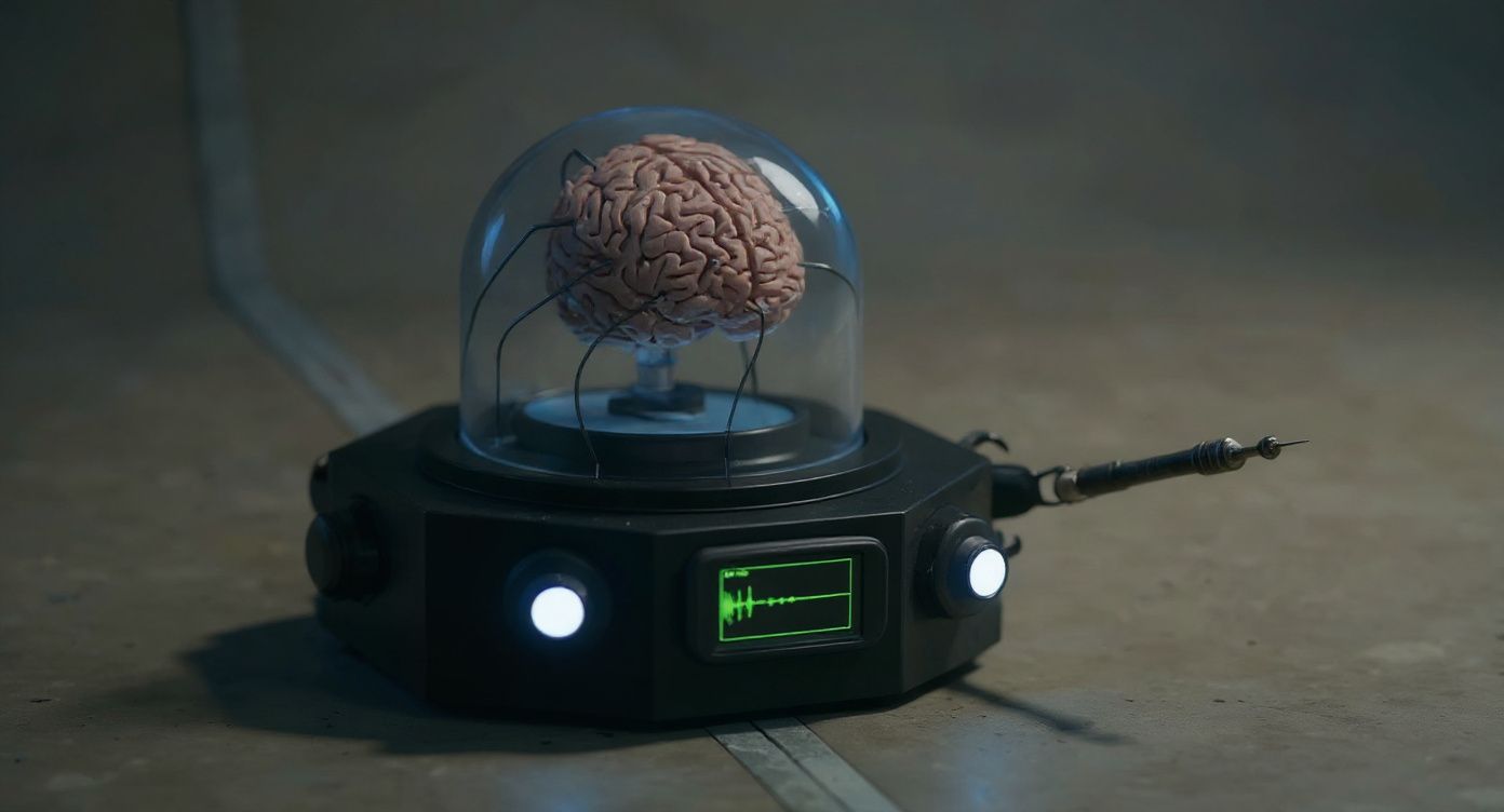A brain inside a glass dome on a small machine.